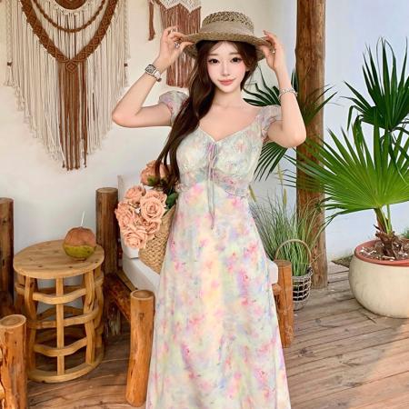 BY18910# 夏季法式优雅晕染珠光亮面浪漫气质短袖一字肩连衣裙微收腰连衣裙 服裝批發女裝批發服飾貨源