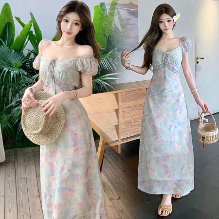 BY18910# 夏季法式优雅晕染珠光亮面浪漫气质短袖一字肩连衣裙微收腰连衣裙 服裝批發女裝批發服飾貨源