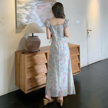 BY18910# 夏季法式优雅晕染珠光亮面浪漫气质短袖一字肩连衣裙微收腰连衣裙 服裝批發女裝批發服飾貨源