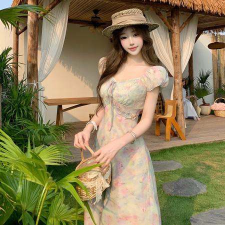 BY18910# 夏季法式优雅晕染珠光亮面浪漫气质短袖一字肩连衣裙微收腰连衣裙 服裝批發女裝批發服飾貨源