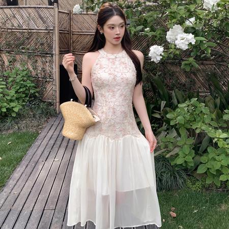 BY18913# 浅色系无袖碎花连衣裙女夏季日常约会海边度假收腰显瘦温柔风裙 服裝批發女裝批發服飾貨源