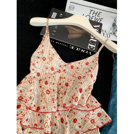 BY18919# 夏季新款温柔风荷叶边不规则法式碎花吊带上衣女 服裝批發女裝批發服飾貨源