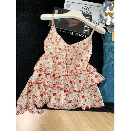 BY18919# 夏季新款温柔风荷叶边不规则法式碎花吊带上衣女 服裝批發女裝批發服飾貨源