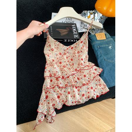 BY18919# 夏季新款温柔风荷叶边不规则法式碎花吊带上衣女 服裝批發女裝批發服飾貨源