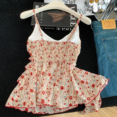 BY18919# 夏季新款温柔风荷叶边不规则法式碎花吊带上衣女 服裝批發女裝批發服飾貨源