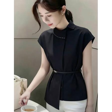BY18924# 黑色衬衫女夏新款淡人高知穿搭独特漂亮法式高端气质掐腰上衣 服裝批發女裝批發服飾貨源