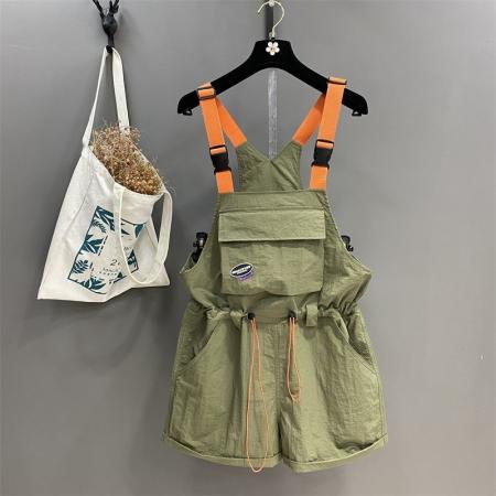BY18925# 夏季欧货工装背带裤时尚抽绳收腰显瘦阔腿卷边连体短裤女潮 服裝批發女裝批發服飾貨源