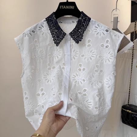 BY18926# 欧洲站夏季新款女装蕾丝翻领花朵刺绣减龄百搭无袖衬衫 服裝批發女裝批發服飾貨源