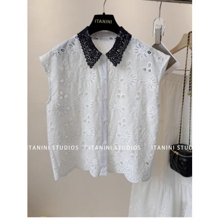 BY18926# 欧洲站夏季新款女装蕾丝翻领花朵刺绣减龄百搭无袖衬衫 服裝批發女裝批發服飾貨源