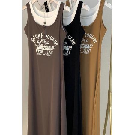 BY18929# 夏季新款大码胖mm300斤文艺复古字母休闲长裙假两件时尚连衣裙ins 服裝批發女裝批發服飾貨源