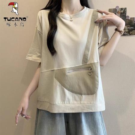 BY18930# 口袋女宽松夏季新款上衣短袖t恤韩版减龄设计感拉链 服裝批發女裝批發服飾貨源