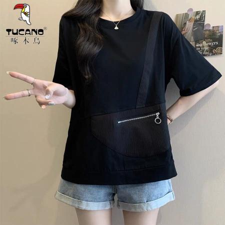 BY18930# 口袋女宽松夏季新款上衣短袖t恤韩版减龄设计感拉链 服裝批發女裝批發服飾貨源