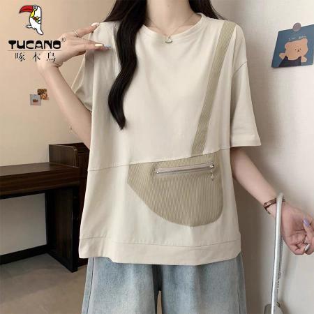 BY18930# 口袋女宽松夏季新款上衣短袖t恤韩版减龄设计感拉链 服裝批發女裝批發服飾貨源