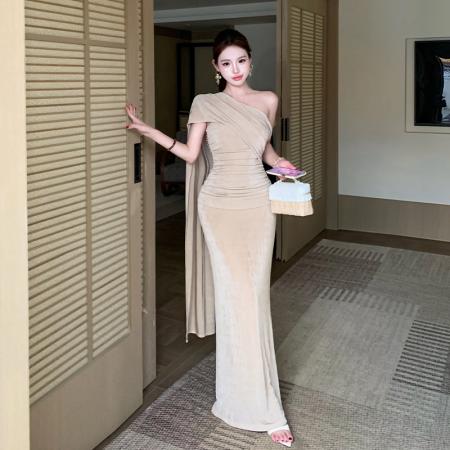 BY18931# 法式飘带斜肩连衣裙修身性感露背包臀纯欲长裙假两件礼服 服裝批發女裝批發服飾貨源