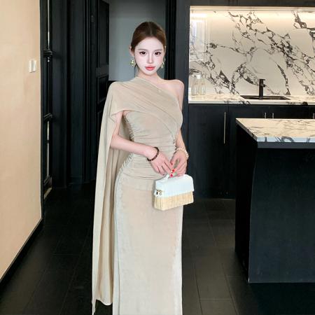 BY18931# 法式飘带斜肩连衣裙修身性感露背包臀纯欲长裙假两件礼服 服裝批發女裝批發服飾貨源