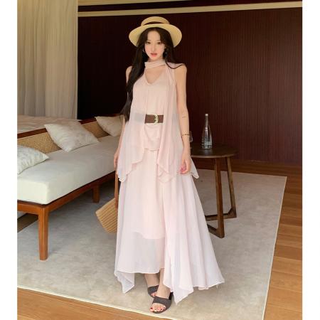 BY18935# 法式无袖飘带雪纺不规则上衣层次感高腰半身长裙两件套装 服裝批發女裝批發服飾貨源