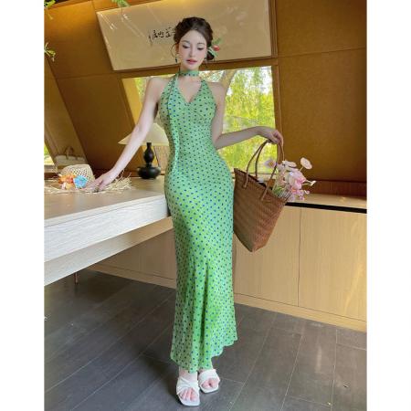 BY18936# 法式性感辣妹波点飘带挂脖连衣裙女夏季收腰显瘦包臀长裙 服裝批發女裝批發服飾貨源