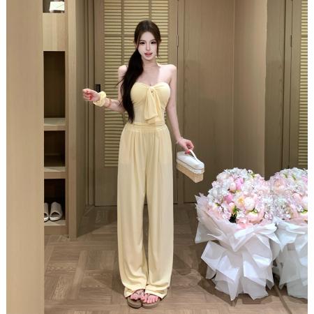 BY18938# 纯欲辣妹抹胸系带上衣性感高腰休闲阔腿长裤两件套装夏季 服裝批發女裝批發服飾貨源