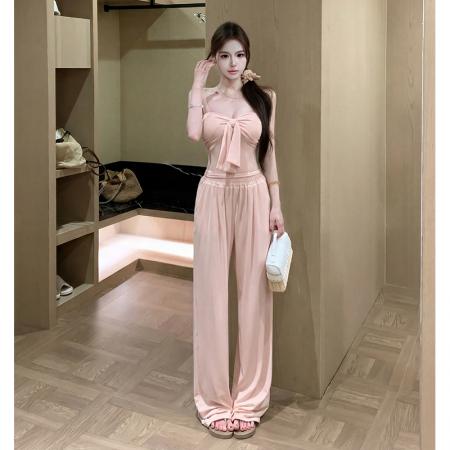 BY18938# 纯欲辣妹抹胸系带上衣性感高腰休闲阔腿长裤两件套装夏季 服裝批發女裝批發服飾貨源