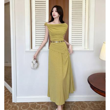 BY18939# 法式斜肩套装一字肩显瘦小个子女不规则下摆上衣T半身裙 服裝批發女裝批發服飾貨源