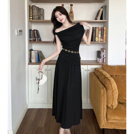 BY18939# 法式斜肩套装一字肩显瘦小个子女不规则下摆上衣T半身裙 服裝批發女裝批發服飾貨源