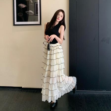 小香风拼接假两件蛋糕连衣裙无袖法式复古气质荷叶边长裙 服裝批發女裝批發服飾貨源