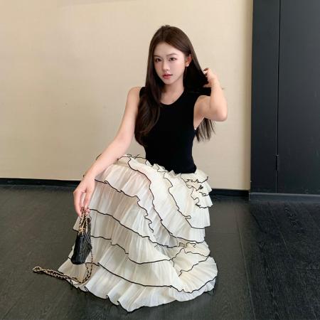 BY18940# 小香风拼接假两件蛋糕连衣裙无袖法式复古气质荷叶边长裙 服裝批發女裝批發服飾貨源
