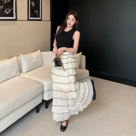 BY18940# 小香风拼接假两件蛋糕连衣裙无袖法式复古气质荷叶边长裙 服裝批發女裝批發服飾貨源