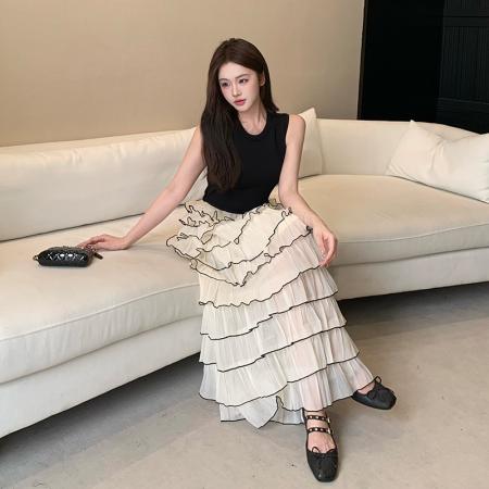 BY18940# 小香风拼接假两件蛋糕连衣裙无袖法式复古气质荷叶边长裙 服裝批發女裝批發服飾貨源