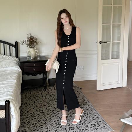 BY18941# 法式夏季圆领针织无袖排扣修身宴会长款连衣裙背心开叉裙 服裝批發女裝批發服飾貨源