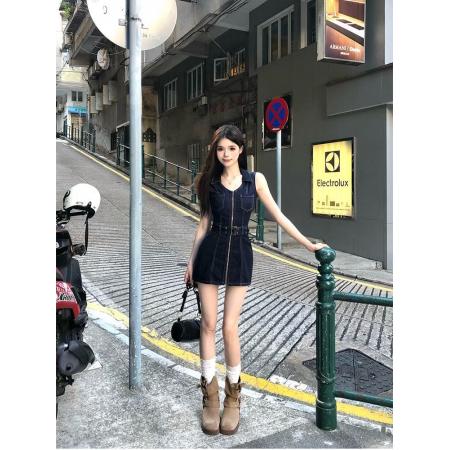 BY18942# 复古通勤小众牛仔连衣裙辣妹夏季新款拉链设计收腰短裙显瘦牛仔裙 服裝批發女裝批發服飾貨源