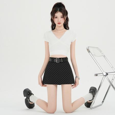 BY18944# 甜酷辣妹波点A字半身夏季新款高腰复古显瘦包臀短裤裙 服裝批發女裝批發服飾貨源