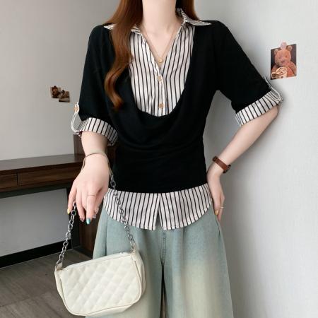 大码条纹假两件polo衫短袖t恤女夏季修身半袖v领衬衫上衣 服裝批發女裝批發服飾貨源