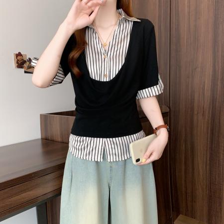 BY18946# 大码条纹假两件polo衫短袖t恤女夏季修身半袖v领衬衫上衣 服裝批發女裝批發服飾貨源