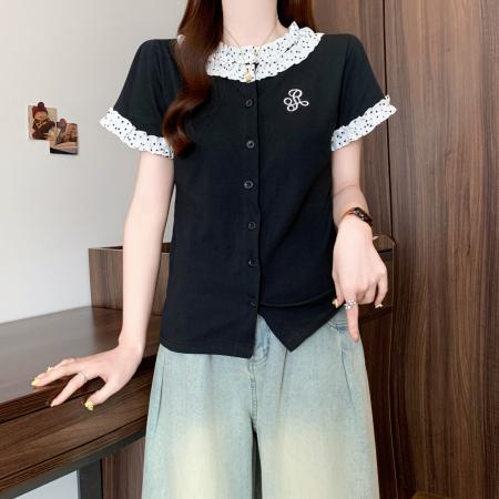BY18947# 大码设计感波点花边拼接短袖T恤女夏季新款开衫上衣女 服裝批發女裝批發服飾貨源
