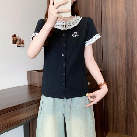 BY18947# 大码设计感波点花边拼接短袖T恤女夏季新款开衫上衣女 服裝批發女裝批發服飾貨源