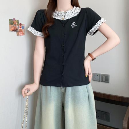BY18947# 大码设计感波点花边拼接短袖T恤女夏季新款开衫上衣女 服裝批發女裝批發服飾貨源