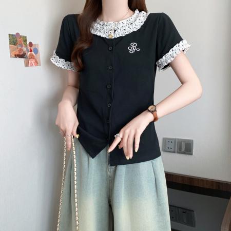 BY18947# 大码设计感波点花边拼接短袖T恤女夏季新款开衫上衣女 服裝批發女裝批發服飾貨源