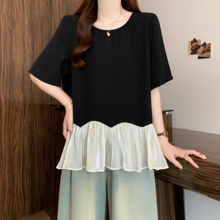 大码设计感荷叶下摆短袖t恤女夏季宽松遮肉显瘦别致小衫上衣 服裝批發女裝批發服飾貨源