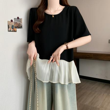 BY18948# 大码设计感荷叶下摆短袖t恤女夏季宽松遮肉显瘦别致小衫上衣 服裝批發女裝批發服飾貨源