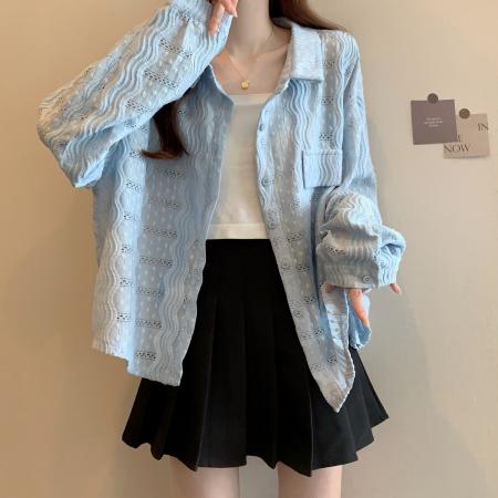 大码薄款防晒衫外套女春秋季镂空钩花设计感宽松学生衬衫上衣 服裝批發女裝批發服飾貨源