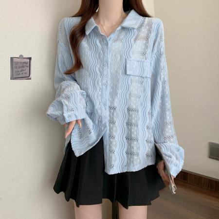 BY18949# 大码薄款防晒衫外套女春秋季镂空钩花设计感宽松学生衬衫上衣 服裝批發女裝批發服飾貨源