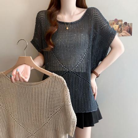 大码慵懒风圆领镂空短袖针织罩衫女夏新款气质宽松显瘦上衣 服裝批發女裝批發服飾貨源