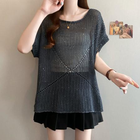 BY18950# 大码慵懒风圆领镂空短袖针织罩衫女夏新款气质宽松显瘦上衣 服裝批發女裝批發服飾貨源