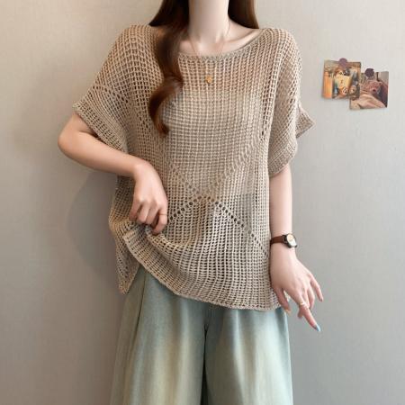 BY18950# 大码慵懒风圆领镂空短袖针织罩衫女夏新款气质宽松显瘦上衣 服裝批發女裝批發服飾貨源