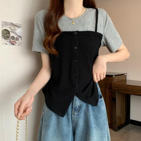 BY18951# 大码假两件短袖T恤女夏季新款设计感百搭别致上衣 服裝批發女裝批發服飾貨源