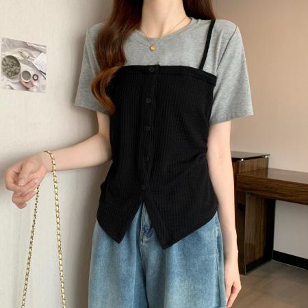 BY18951# 大码假两件短袖T恤女夏季新款设计感百搭别致上衣 服裝批發女裝批發服飾貨源