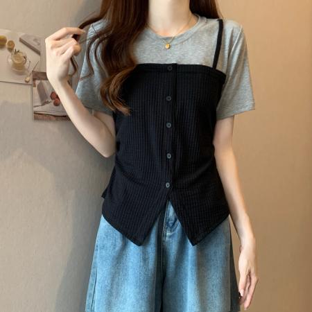 BY18951# 大码假两件短袖T恤女夏季新款设计感百搭别致上衣 服裝批發女裝批發服飾貨源