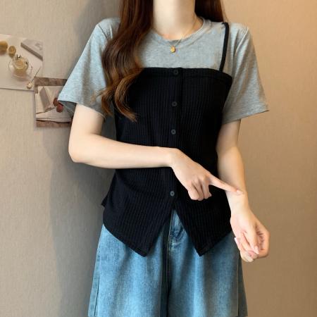 BY18951# 大码假两件短袖T恤女夏季新款设计感百搭别致上衣 服裝批發女裝批發服飾貨源