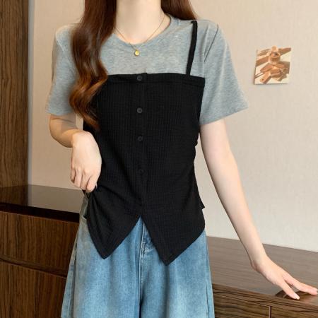 BY18951# 大码假两件短袖T恤女夏季新款设计感百搭别致上衣 服裝批發女裝批發服飾貨源